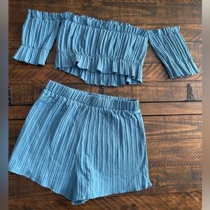 SHEIN Vacay Off Shoulder Top and Shorts 2 Piece Set - Blue